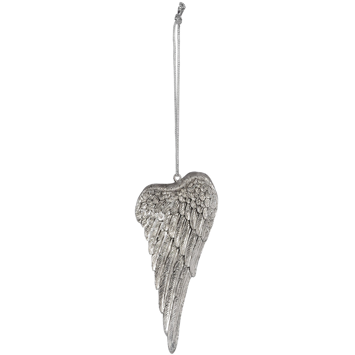 Set of 6 Silver wing hanging ornaments.