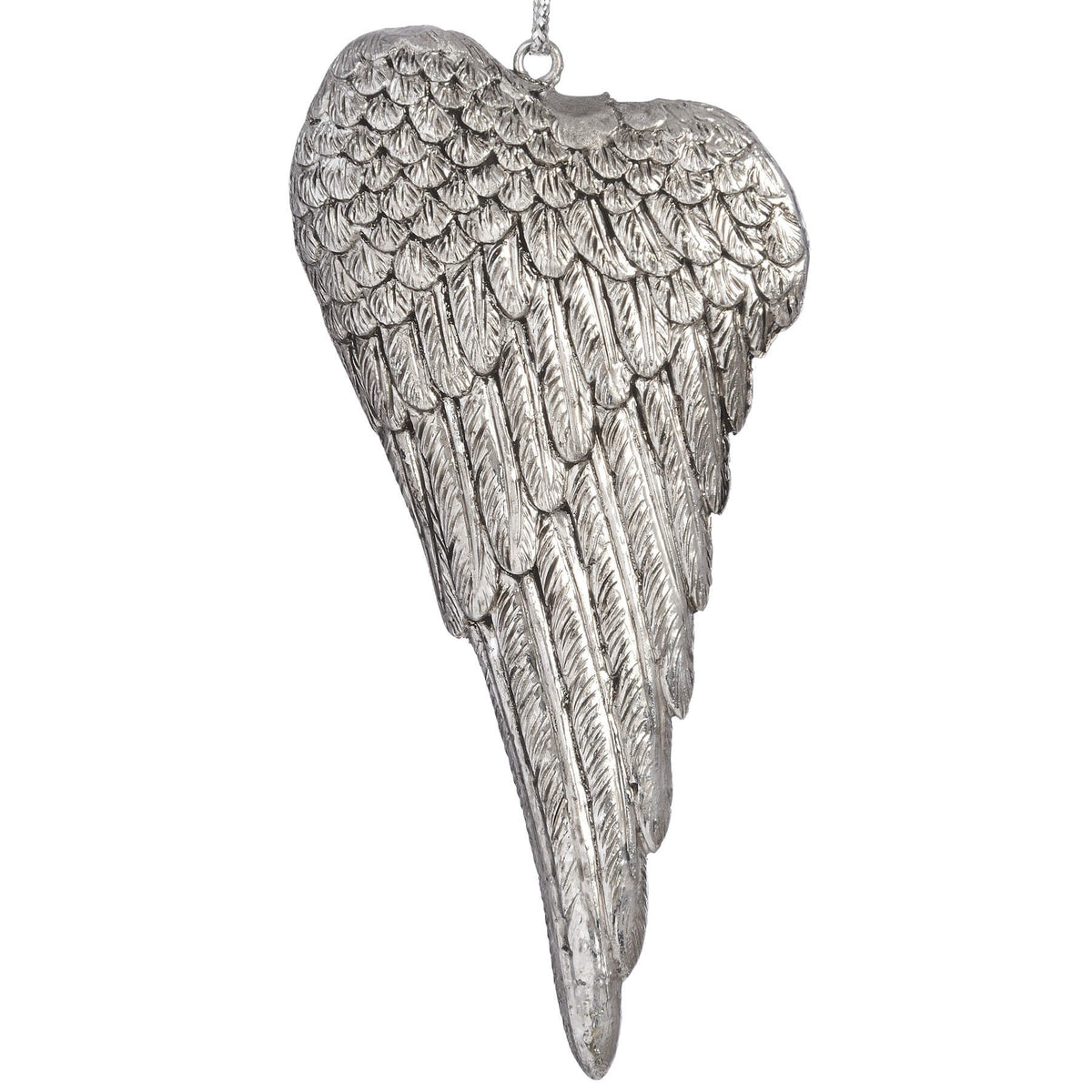 Set of 6 Silver wing hanging ornaments.