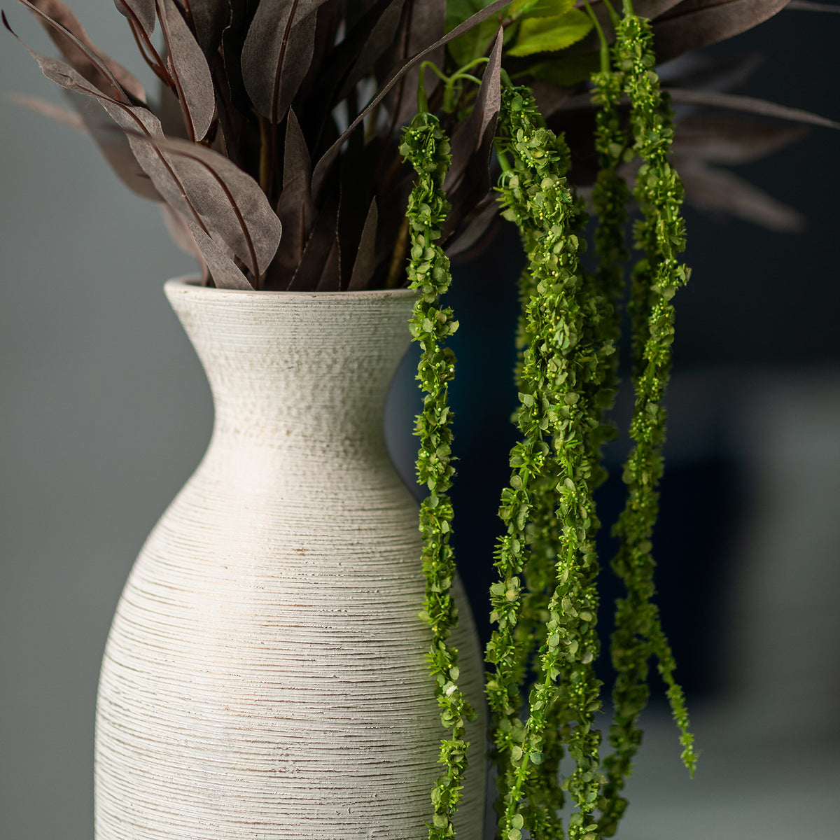 Faux Burgundy Eucalyptus &amp; Green Amaranthus arrangement