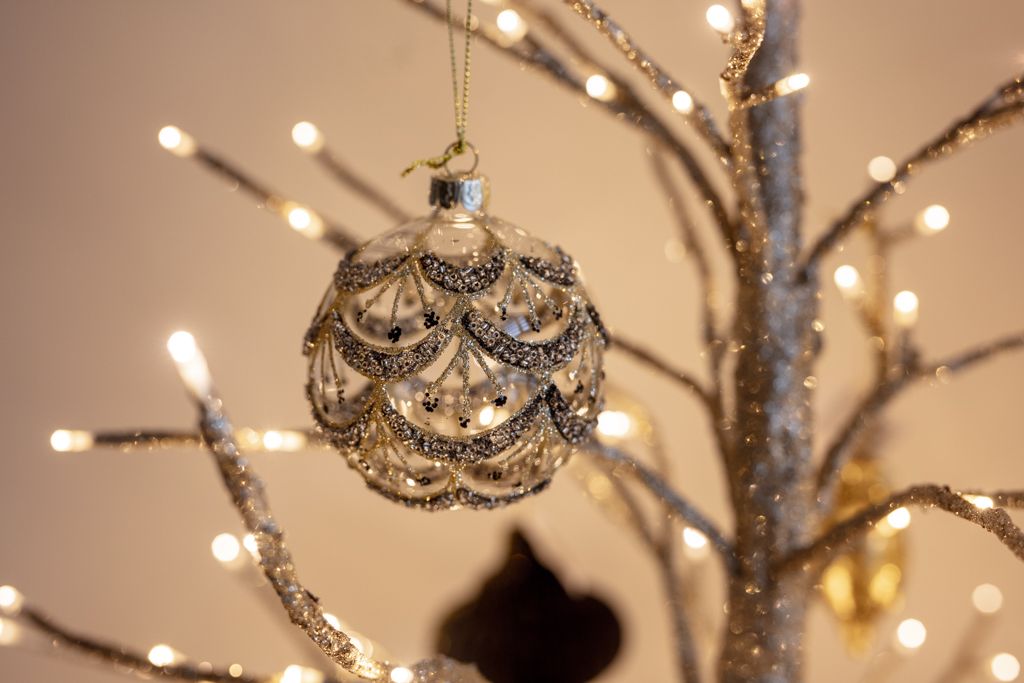 Set of 2 Gold &amp; Black Glitter Decorated Glass Christmas Bauble