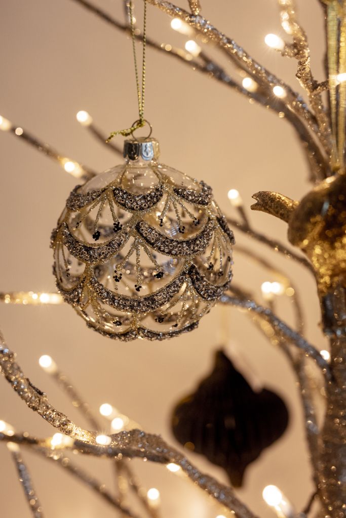 Set of 2 Gold &amp; Black Glitter Decorated Glass Christmas Bauble