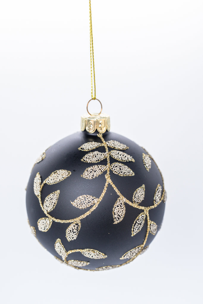 Set of 2 Black and gold leaf decorated glass Christmas tree bauble