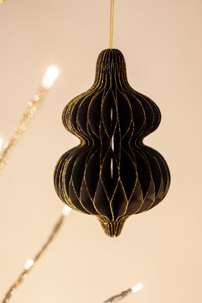 Set of 3 Black and Gold Hanging Paper Decorations.