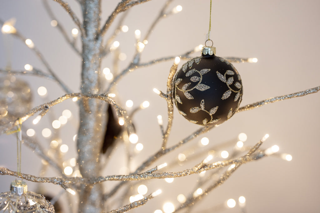 Set of 2 Black and gold leaf decorated glass Christmas tree bauble