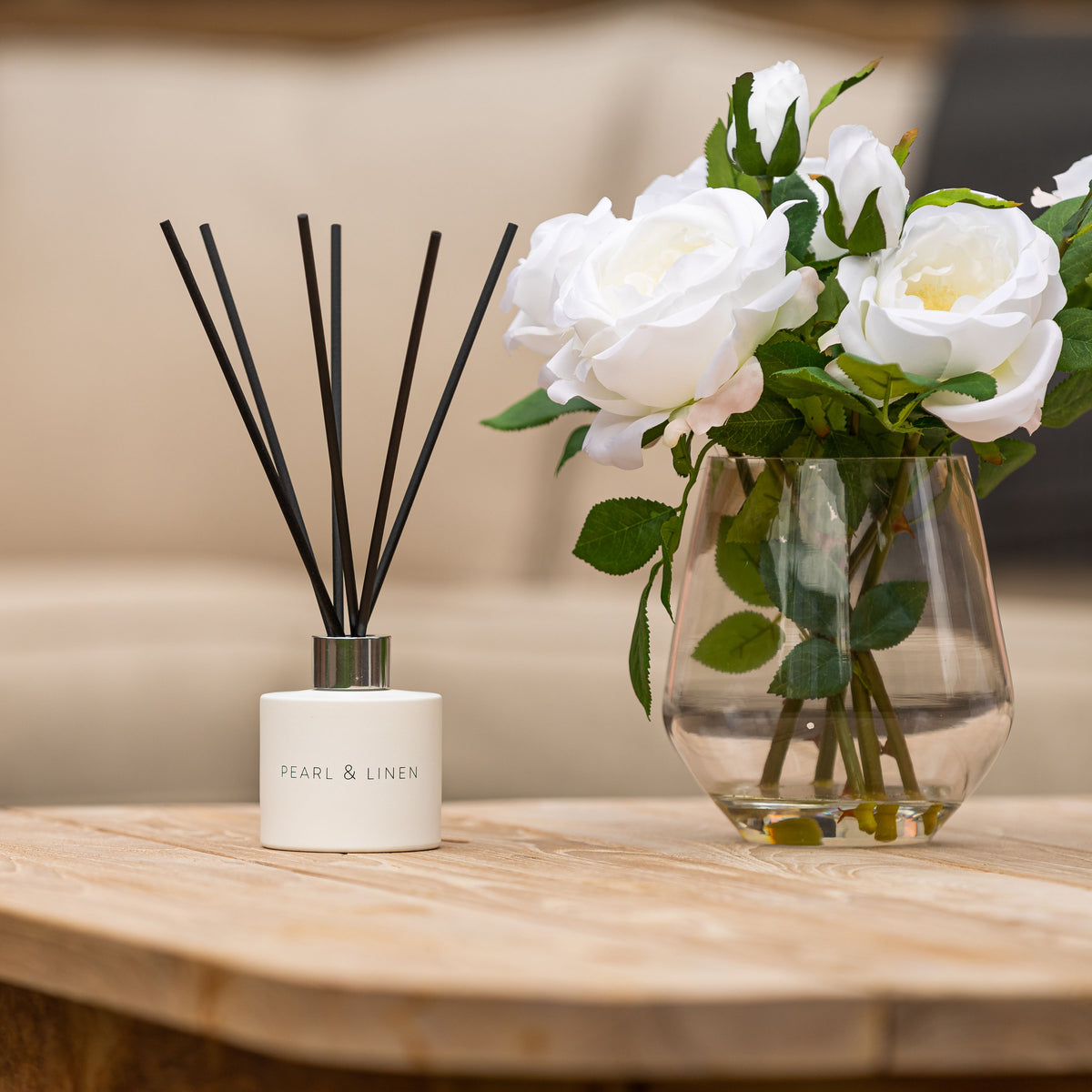 Faux White Rose Arrangement in Vase &amp; Our Signature Hand Poured luxury Aspen Rose Diffuser