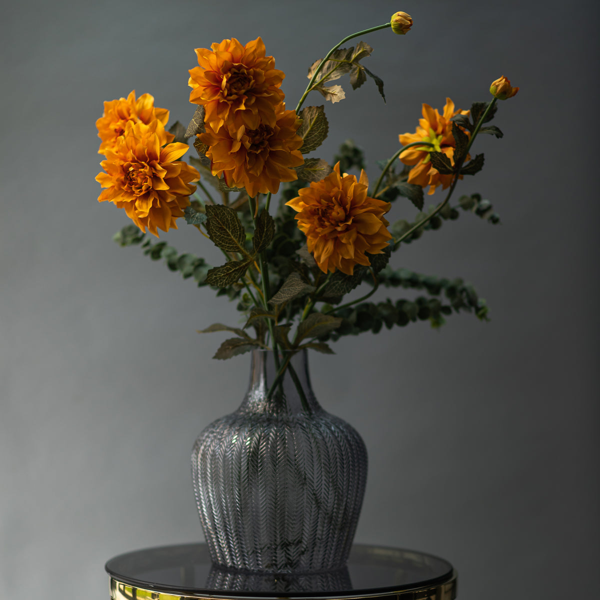 Faux Orange Dahlia Spray &amp; Eucalyptus Arrangement