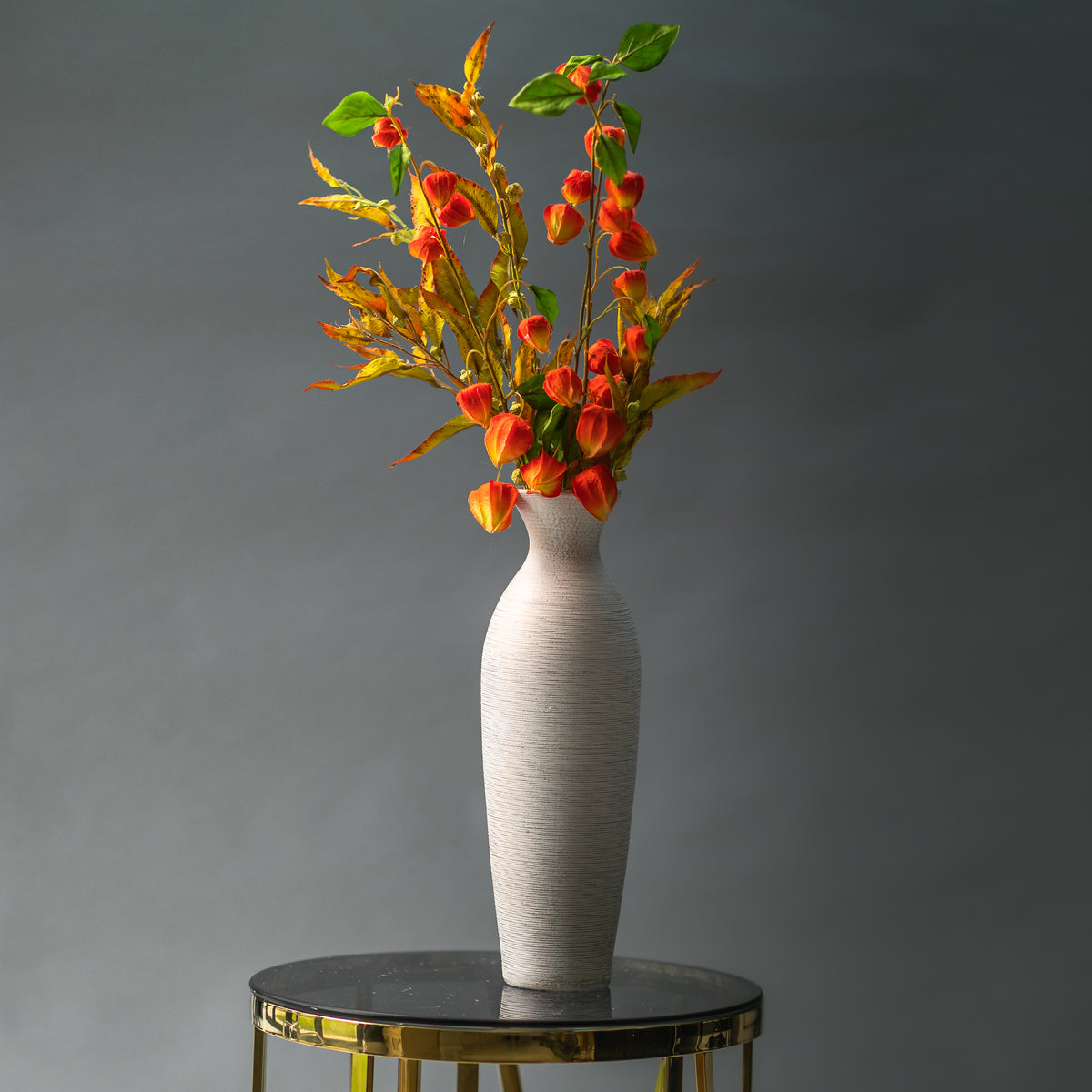 Faux Chinese Lanterns &amp; Silver Bell Autumn Eucalyptus Arrangement